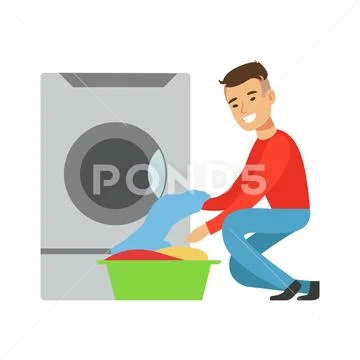Man Taking Out Clean Laundry, Part Of People Using Automatic Self-Service Stock Illustration