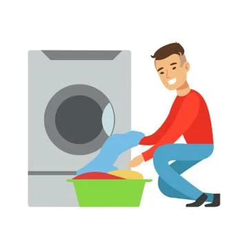 Man Taking Out Clean Laundry, Part Of People Using Automatic Self-Service Illustrazione stock