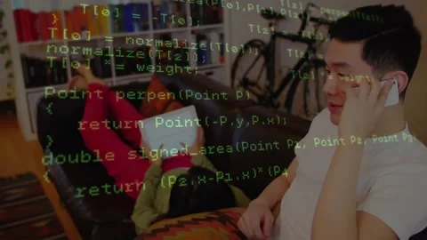 Man taking phone tuning ear, woman reading tablet on couch relaxing code overlay Stock Footage 326994018
