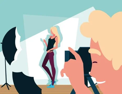 Man taking photos to model in studio Stock Illustration