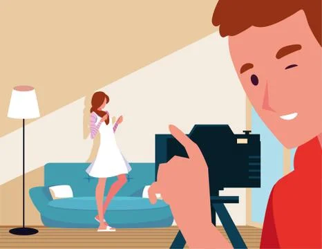 Man taking photos to model in studio Stock Illustration