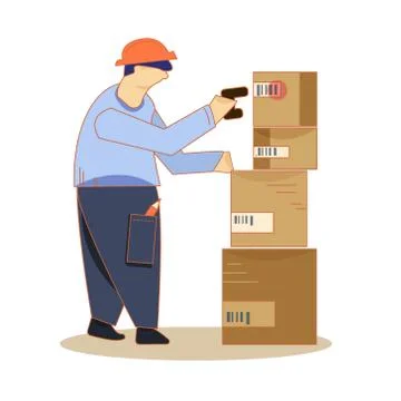 Man taking a picture of a barcode on the packaging shelves with a scanner. Stock Illustration