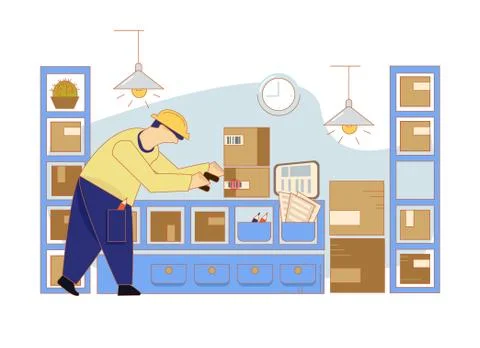 Man taking a picture of a barcode on the packaging shelves with a scanner. Stock Stock Illustration