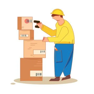 Man taking a picture of a barcode on the packaging shelves with a scanner Illustrazione stock