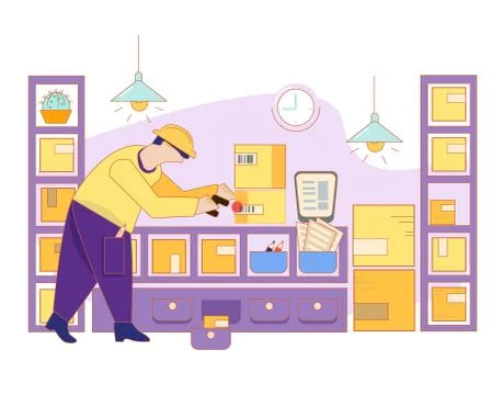 Man taking a picture of a barcode on the packaging shelves with a scanner. Stock Stock Illustration