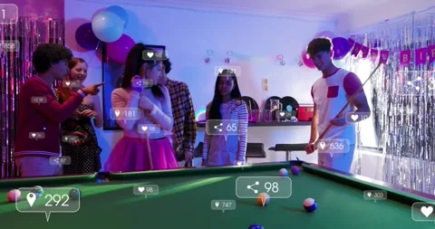 Man taking pool shots at birthday party, animated hearts and share icons Stock Footage 323116591