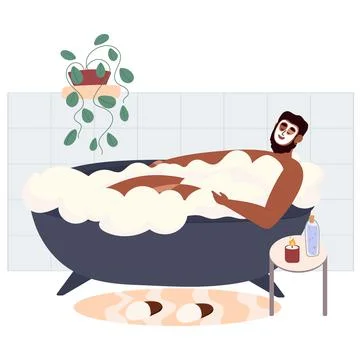 Man taking a relaxing bubble bath and taking care of himself Stock Illustration