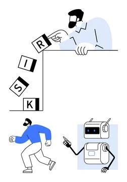 Man Taking Risk with Blocks, Robot Reacting, and Person Running - Risk Mana.. Stock Illustration