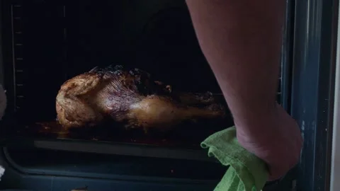 Man taking roasted chicken out of the oven Stock Footage 337622881