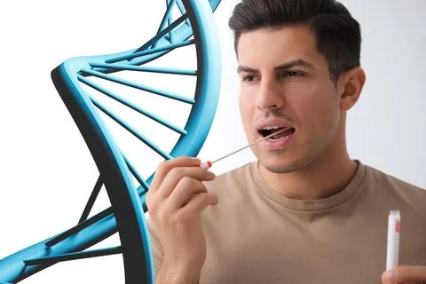 Man taking sample for genetic testing on white background. Illustration of .. 写真素材