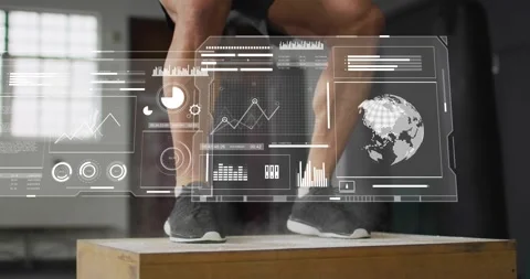 Man taking short run and performing explosive box jumps in fitness gym, HUD Stock Footage 331165372