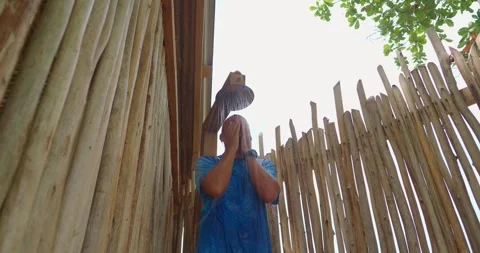 Man taking shower outside during hot day. Stock Footage 246693375