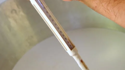 A man taking the temperature of the milk with a thermometer. Stock Footage 197376706