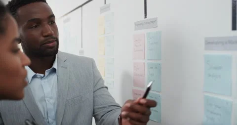 Man, talking and notes on whiteboard in meeting for training, planning and Stock Footage 336720146