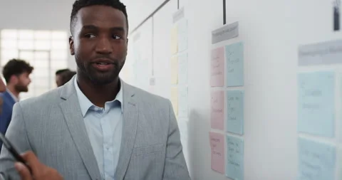 Man, talking and notes on whiteboard in office for training, planning and agenda Stock Footage 336720231