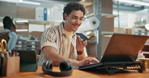 Man, talking and phone with audio for logistics, message and contact supplier Stock Footage 346876024