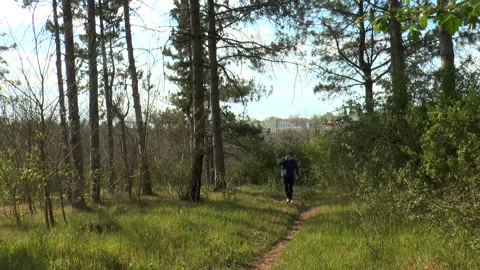 A man talking on a cell phone in a protective mask and gloves climbs a fores Vídeos de archivo 130577425