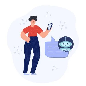 Man talking with a chatbot on mobile phone. Chat bot conversation concept Stock Illustration
