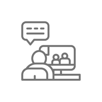 Man talking to friends on video, web conference line icon. Illustrazione stock