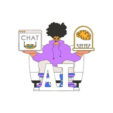 Man talking to A.I. in his hands, illustrated in vector format. Stock Illustration