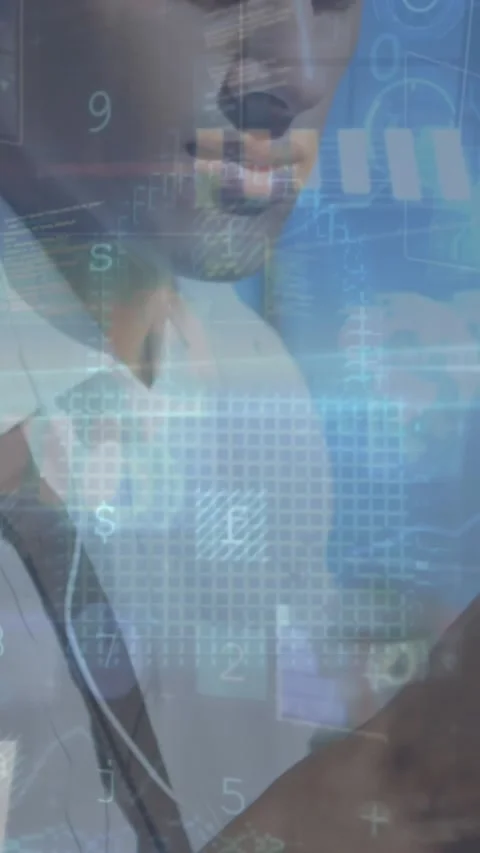 A man is talking on a mobile phone outside while data processing is happening in Stock Footage 344613859
