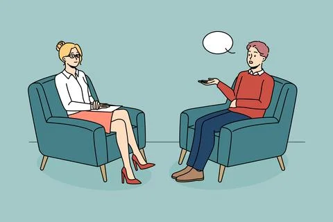 Man talking with psychologist at session 库存插图
