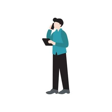 Man Talking on Smartphone and Using Tablet Flat Illustration Stock Illustration