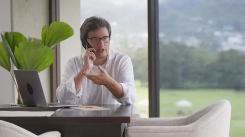 Man talking on smartphone having a mobile conversation at home Stock Footage 251363616