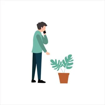 Man Talking on Smartphone Next to Potted Houseplant Illustration Stock Illustration