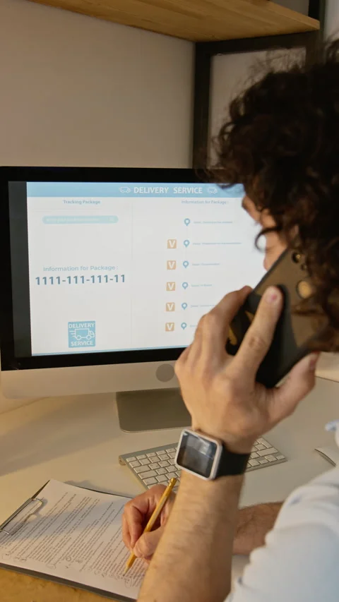 Man Talking on Smartphone While Managing Delivery on Computer Stock Footage 346068343