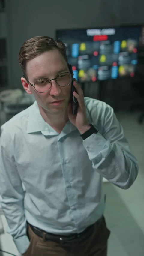 Man Talking on Smartphone While Working Late in Tech Office Stock Footage 346704578
