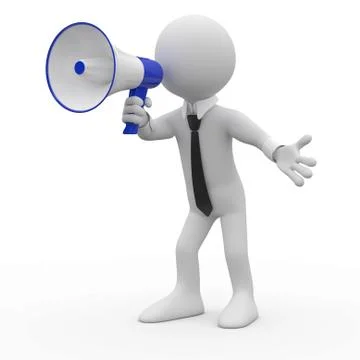 Man talking on a white and blue megaphone Stock Illustration