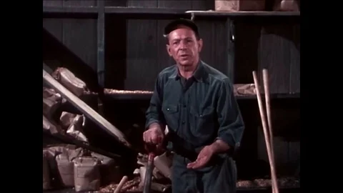 A man talks about how, with no provocation whatsoever, a shelf in his barn fell Video stock 95368277