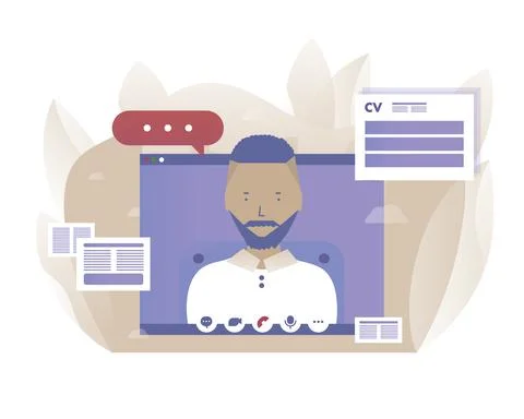 Man talks online in his computer. Vector Illustrazione stock