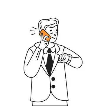Man talks on phone checking time orange color linear icon Stock Illustration