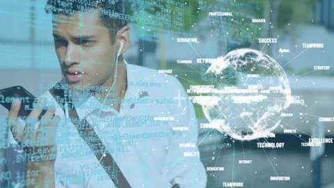 Man talks on phone outside with computer codes on green screen. Stock Footage 327271247