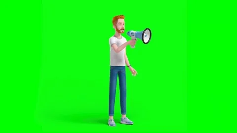 Man Talks Through Megaphone Using Hand Gestures Standing in Green Background Stock Footage 329967521