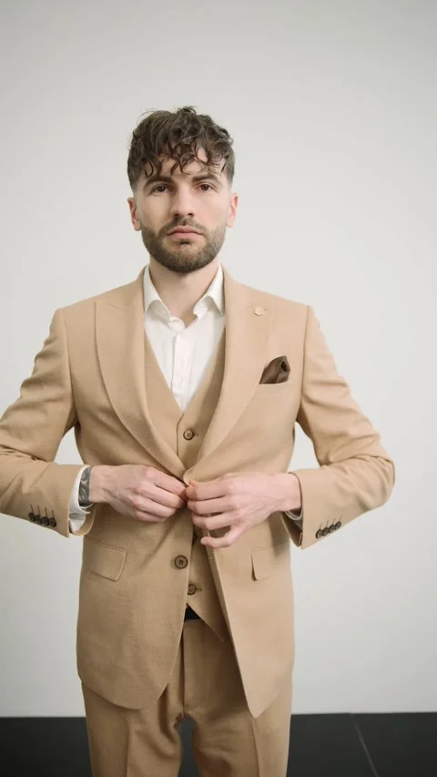 Man in tan suit standing at white wall Video stock 274163715