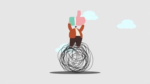 Man on tangled ball with thumbs up icon and book, social media feedback Stock Footage 346436538