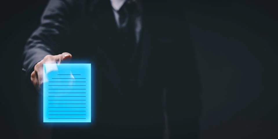 Man tapping on a 3D rendered document - the concept of e-signing Stock Photos