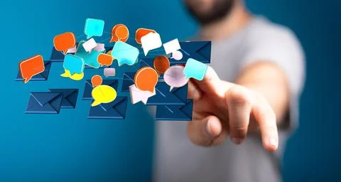 Man tapping 3D rendered floating mail icons and speech bubbles Stock Photos