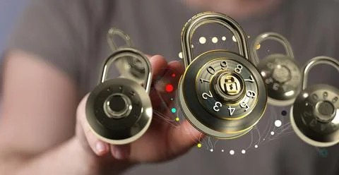 Man tapping on 3d rendered lock icons Foto stock