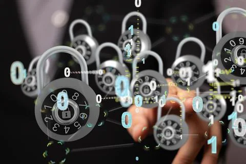 Man tapping on 3d rendered lock icons Stock Photos