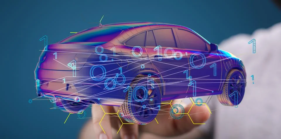 Man tapping on a 3D rendering of an autonomous electric car with binary code 스톡 사진
