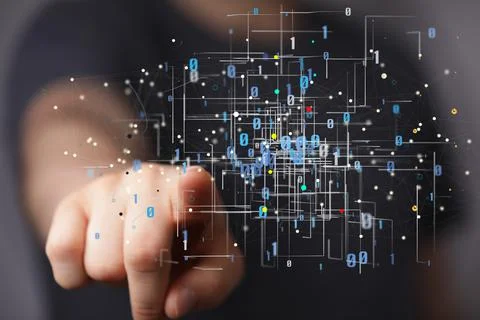 Man tapping on 3D rendering of binary code and digital information 스톡 사진
