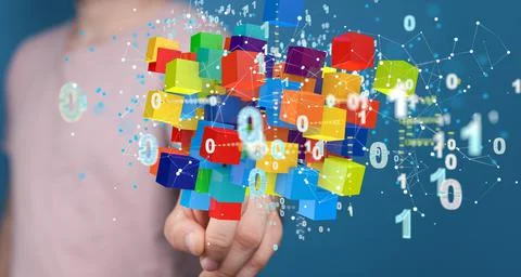 Man tapping on a 3D rendering of colorful cubes and binary code Stockfoto's