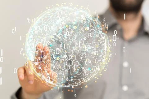 Man tapping on a 3D rendering of global connectivity and binary code hologram 库存照片