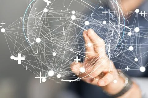 Man tapping on a 3D rendering of a globe hologram with interconnected dots Stock Photos