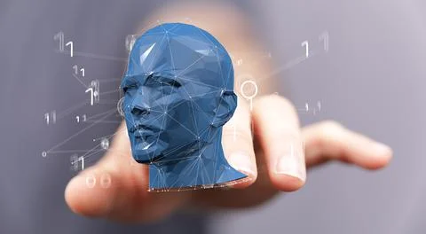 A man tapping on a 3D rendering of a head and binary code - artificial intell 스톡 사진