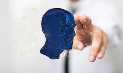 A man tapping on a 3D rendering of a head and binary code - artificial intell 스톡 사진